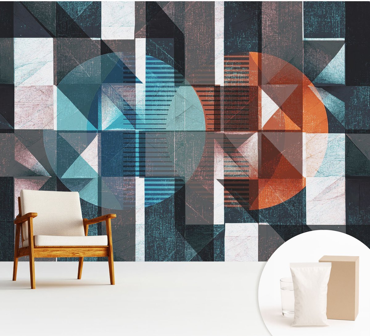 Wallfluent Fotobehang - Blauw Vliesbehang - 312x219 cm - Abstracte Vormen Fotobehang Vlies - Hal behang Abstractie - Muurschildering - Hal behang