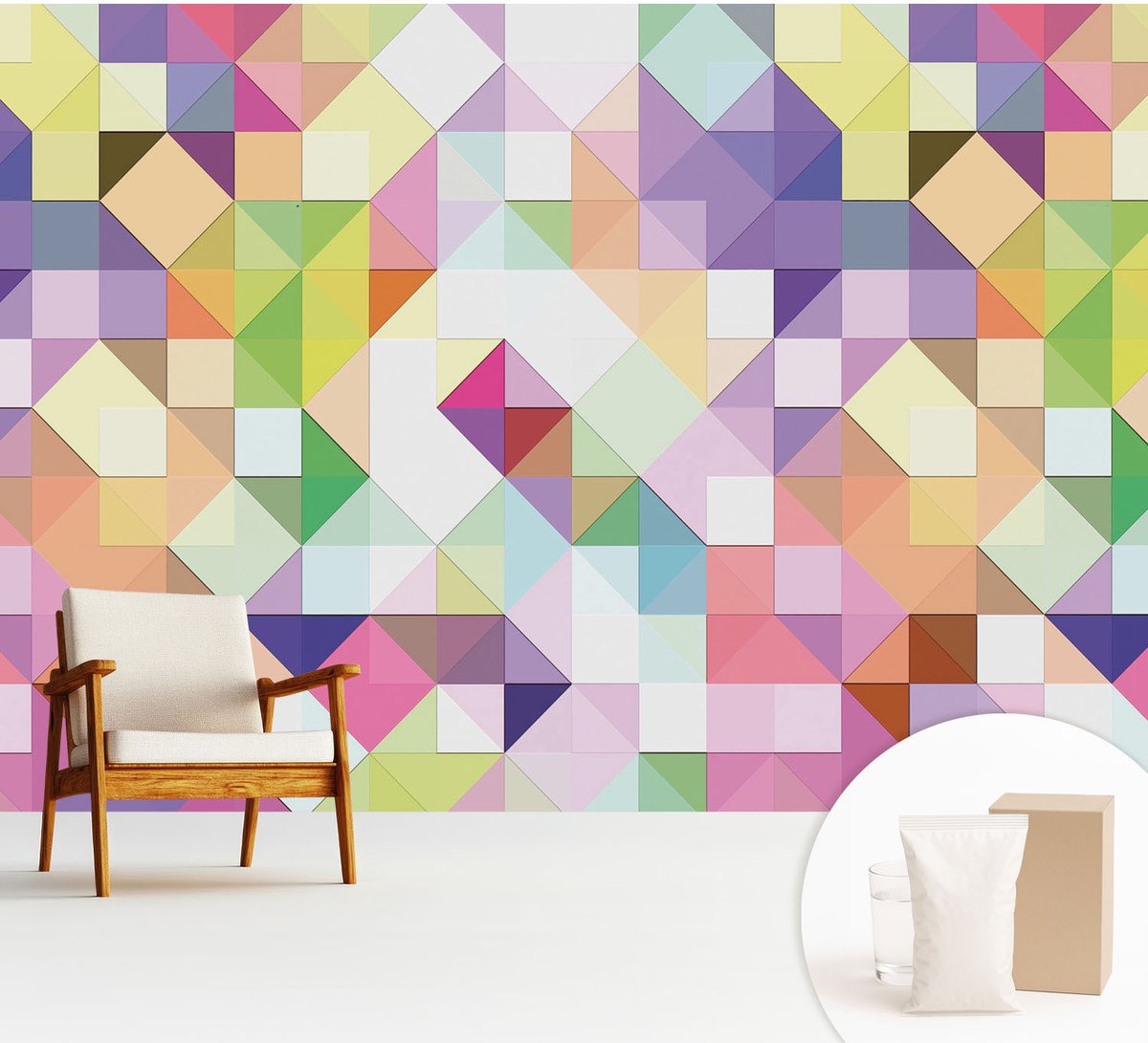 Wallfluent Fotobehang - Paars Vliesbehang - 312x219 cm - Kleurrijke Vormen Fotobehang Vlies - Woonkamer behang Geometrie - Muurschildering - Woonkamer behang