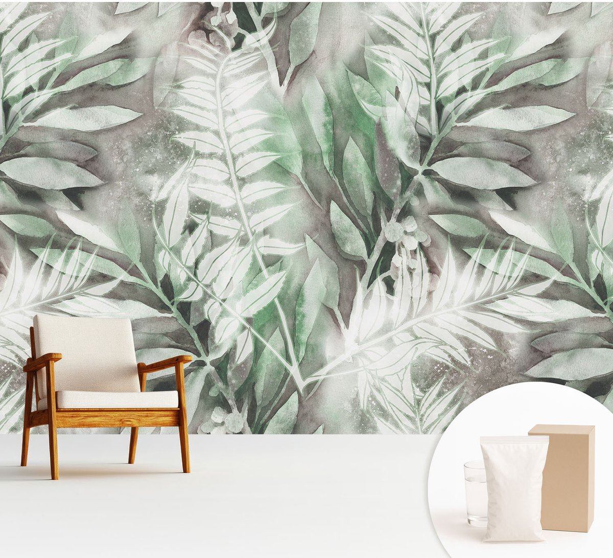 Wallfluent Fotobehang - Groente Vliesbehang - 312x219 cm - Aquarelbladeren Muurschildering - Slaapkamer behang Bloemen En Planten - Fotobehang Vlies - Slaapkamer behang
