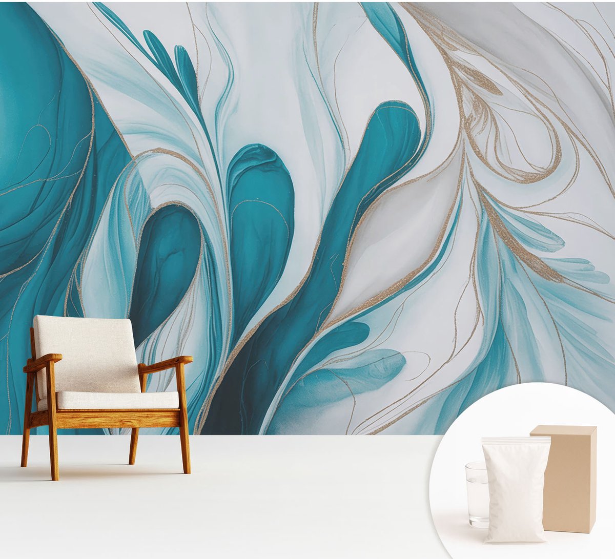 Wallfluent Fotobehang - Turkoois Vliesbehang - 312x219 cm - Vloeistofpatronen Muurschildering - Gang behang Abstractie - Fotobehang Vlies - Slaapkamer behang