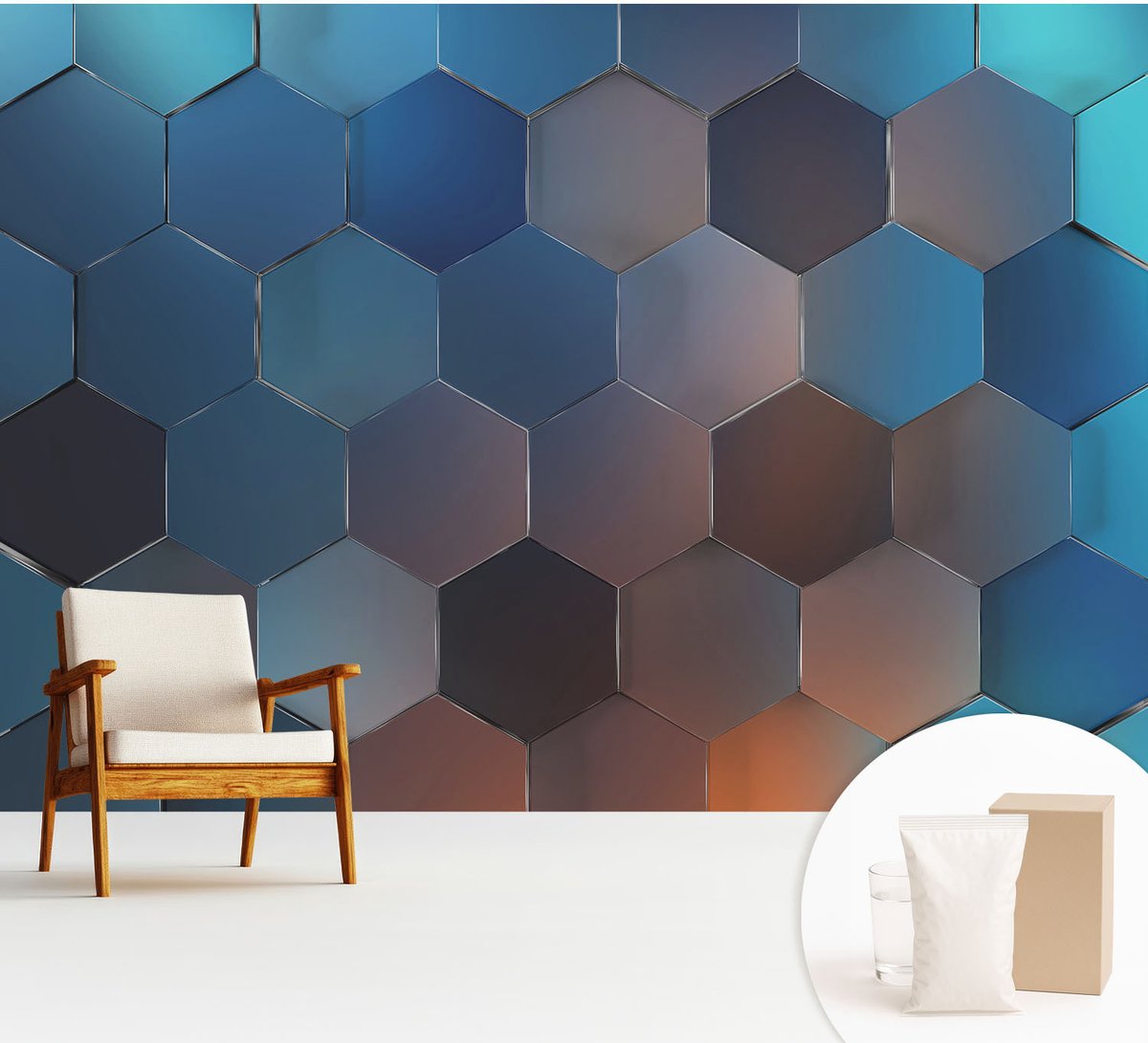 Wallfluent Fotobehang - Blauw Vliesbehang - 312x219 cm - Blauwe Zeshoeken Fotobehang Vlies - Woonkamer behang Abstractie - Muurschildering - Woonkamer behang