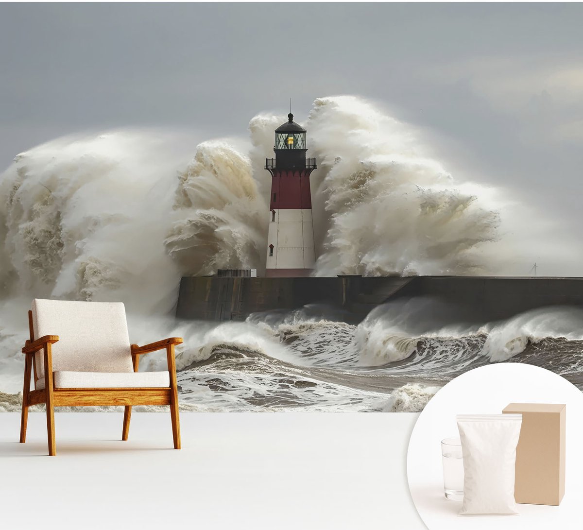 Wallfluent Fotobehang - Grijs Vliesbehang - 312x219 cm - Zeegolven Fotobehang Vlies - Woonkamer behang Landschappen - Muurschildering - Woonkamer behang