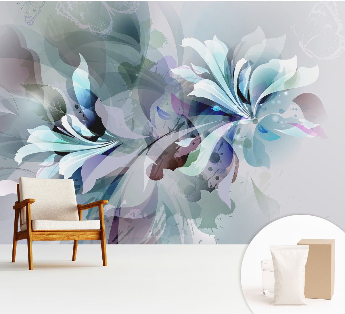 Wallfluent Fotobehang - Wit Vliesbehang - 312x219 cm - Bloemabstractie Fotobehang Vlies - Woonkamer behang Bloemen En Planten - Muurschildering - Woonkamer behang