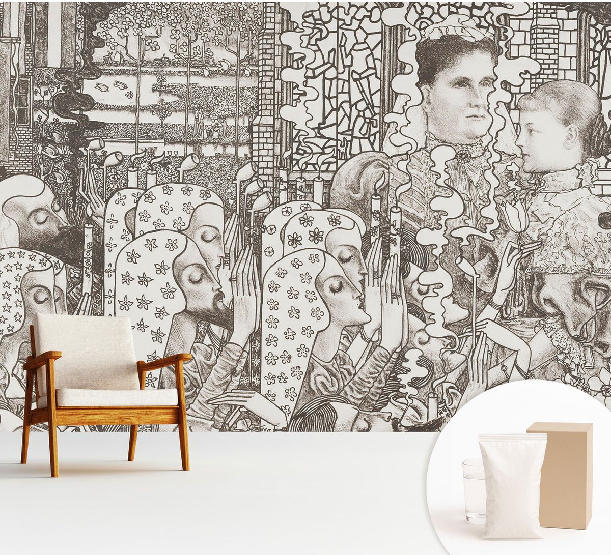 Wallfluent Fotobehang - Zwart Vliesbehang - 312x219 cm - Bloemenportretten Muurschildering - Gang behang Deel - Fotobehang Vlies - Slaapkamer behang