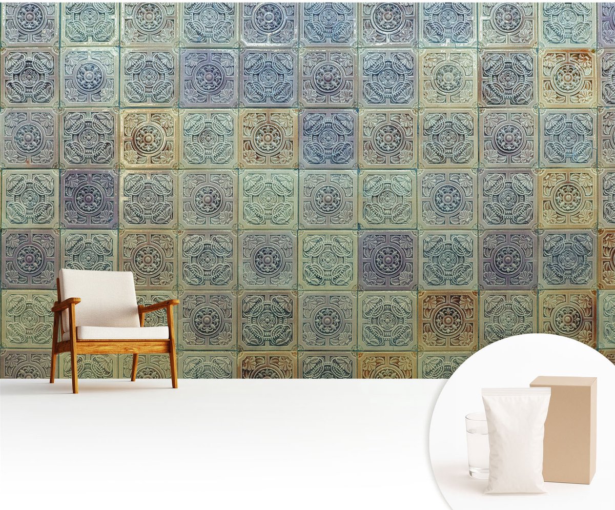 Wallfluent Fotobehang - Grijs Vliesbehang - 416x254 cm - Geometrische Tegels Muurschildering - Gang behang Achtergronden En Patronen - Fotobehang Vlies - Slaapkamer behang