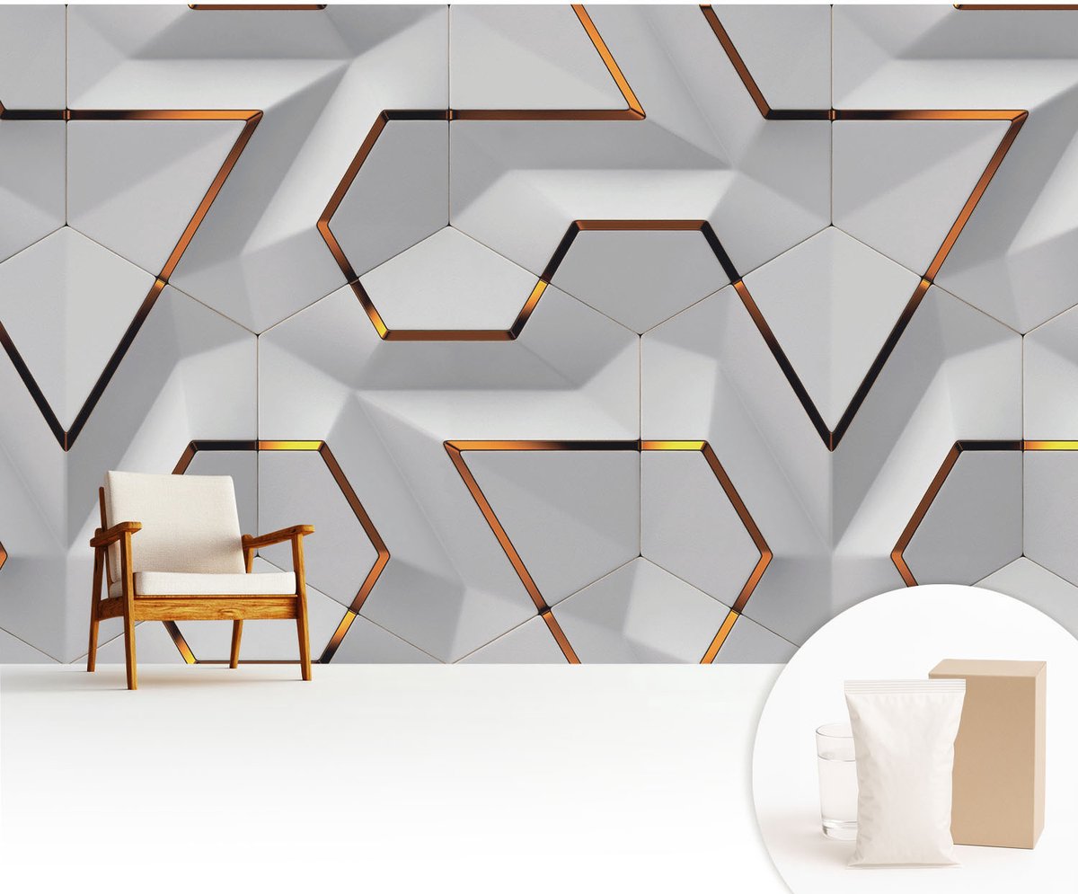 Wallfluent Fotobehang - Wit Vliesbehang - 416x254 cm - Driedimensionale Patronen Muurschildering - Gang behang Geometrie - Fotobehang Vlies - Gang behang