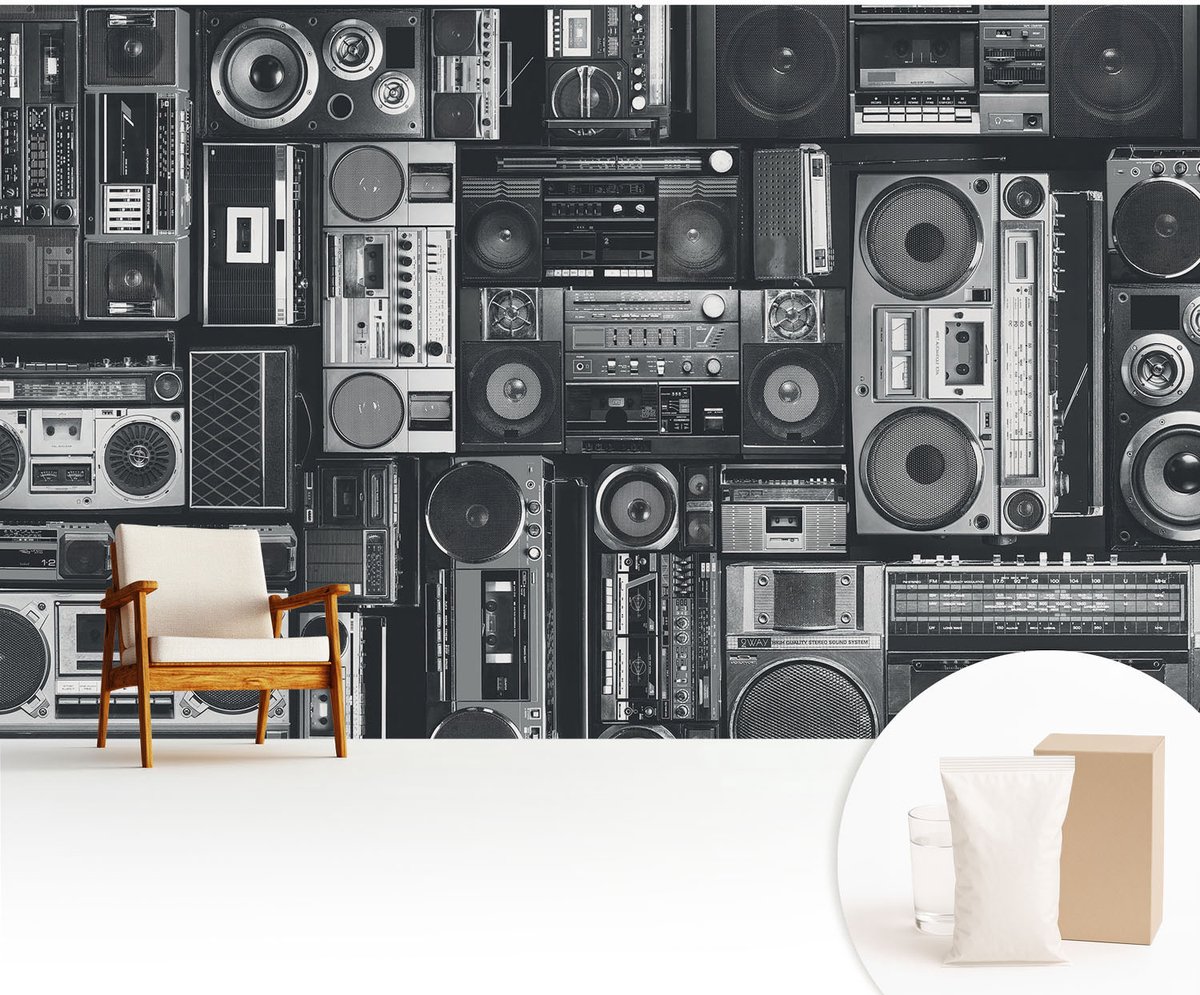 Wallfluent Fotobehang - Zwart Vliesbehang - 416x254 cm - Retro Radio Muurschildering - Gang behang Achtergronden En Patronen - Fotobehang Vlies - Gang behang