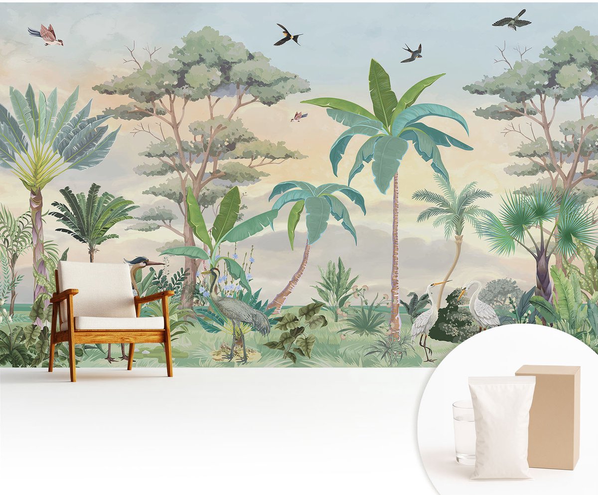 Wallfluent Fotobehang - Zwart Vliesbehang - 416x254 cm - Exotische Flora Muurschildering - Slaapkamer behang Bloemen En Planten - Fotobehang Vlies - Slaapkamer behang