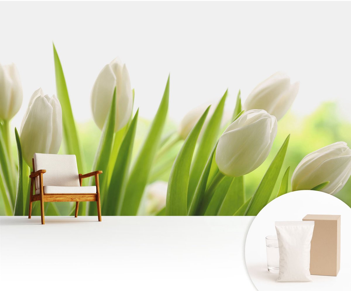 Wallfluent Fotobehang - Wit Vliesbehang - 416x254 cm - Witte Tulpen Muurschildering - Gang behang Bloemen En Planten - Fotobehang Vlies - Slaapkamer behang