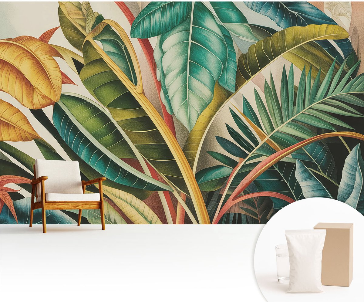 Wallfluent Fotobehang - Groente Vliesbehang - 416x254 cm - Exotische Bladeren Muurschildering - Gang behang Bloemen En Planten - Fotobehang Vlies - Slaapkamer behang