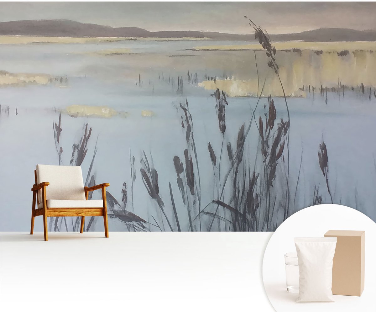Wallfluent Fotobehang - Grijs Vliesbehang - 416x254 cm - Een Kalm Meer Fotobehang Vlies - Hal behang Landschappen - Muurschildering - Woonkamer behang