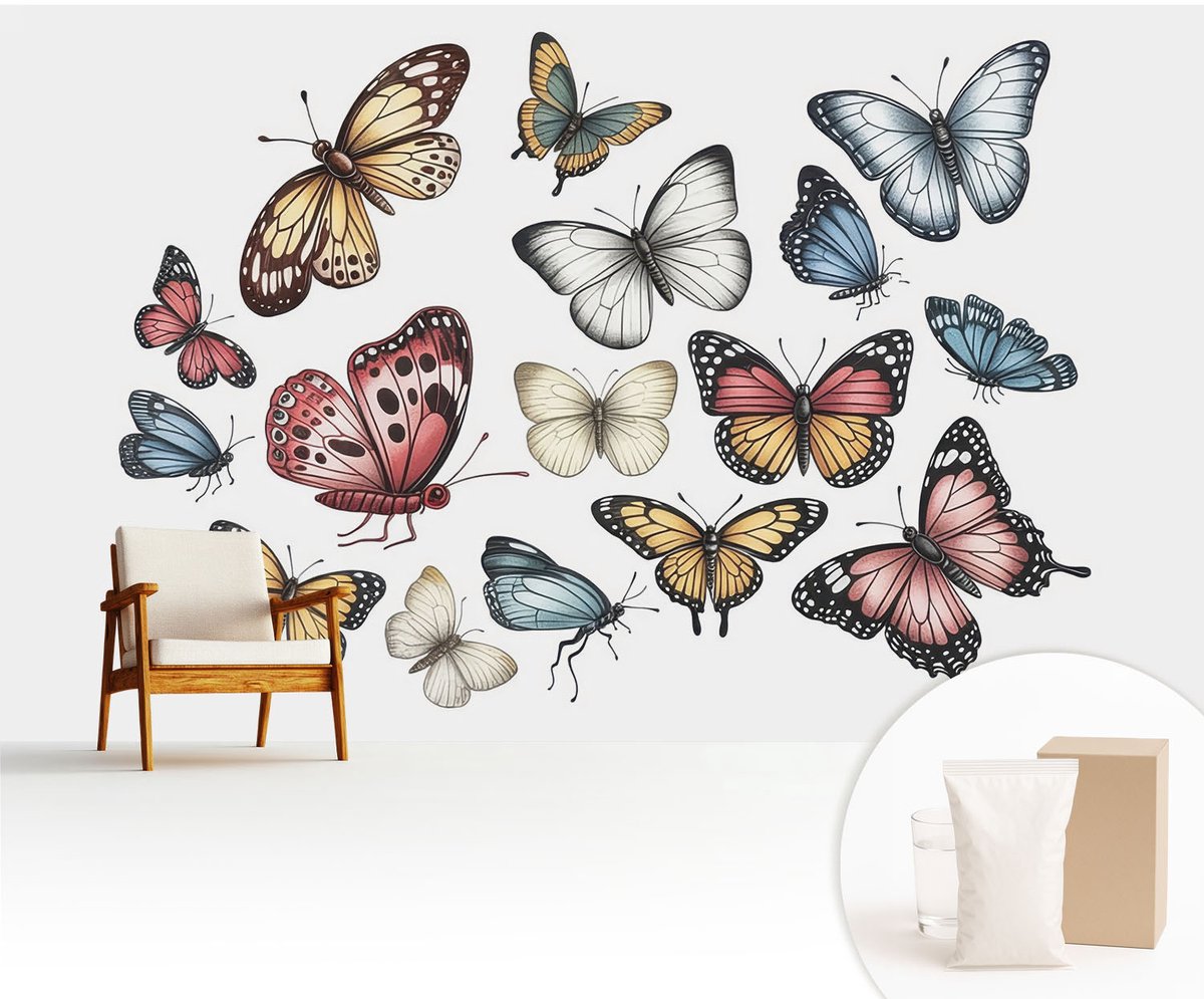 Wallfluent Fotobehang - Wit Vliesbehang - 416x254 cm - Paradijsvlinders Fotobehang Vlies - Hal behang Dieren - Muurschildering - Hal behang