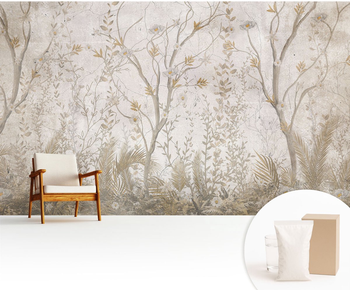 Wallfluent Fotobehang - Beige Vliesbehang - 416x254 cm - Een Boshoek Fotobehang Vlies - Hal behang Bloemen En Planten - Muurschildering - Woonkamer behang