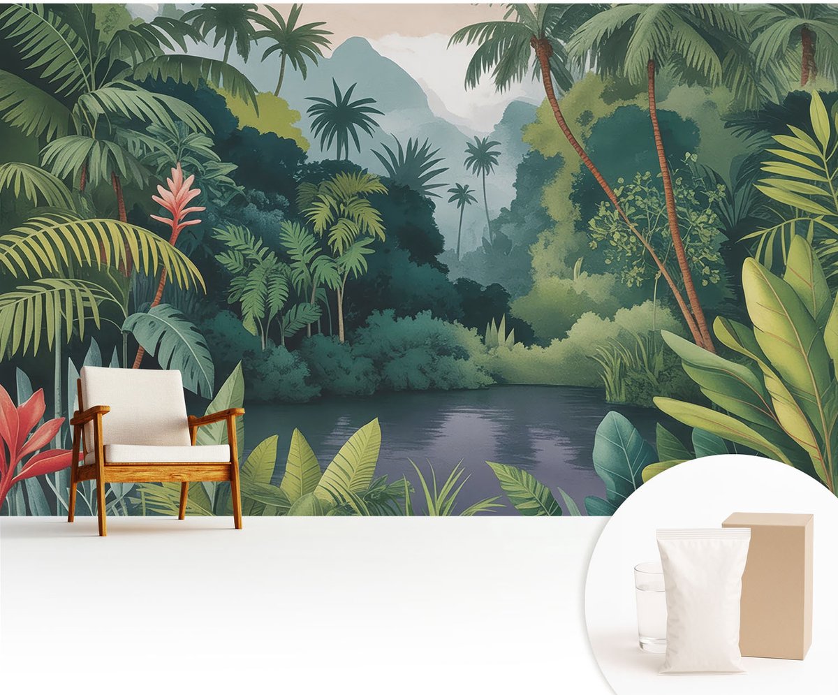 Wallfluent Fotobehang - Groente Vliesbehang - 416x254 cm - Exotisch Landschap Fotobehang Vlies - Hal behang Bloemen En Planten - Muurschildering - Woonkamer behang