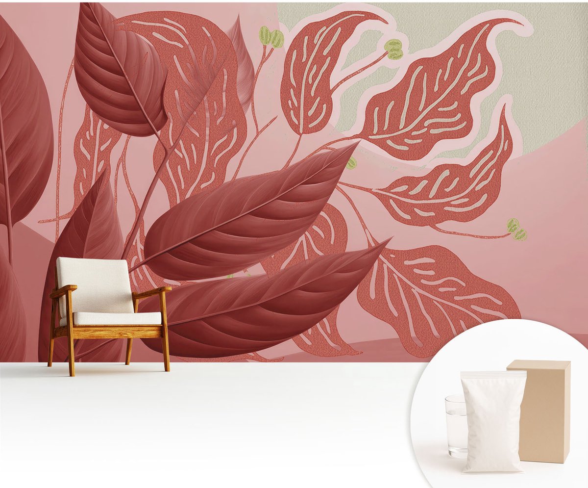 Wallfluent Fotobehang - Rood Vliesbehang - 416x254 cm - Biologische Bladeren Fotobehang Vlies - Woonkamer behang Bloemen En Planten - Muurschildering - Woonkamer behang