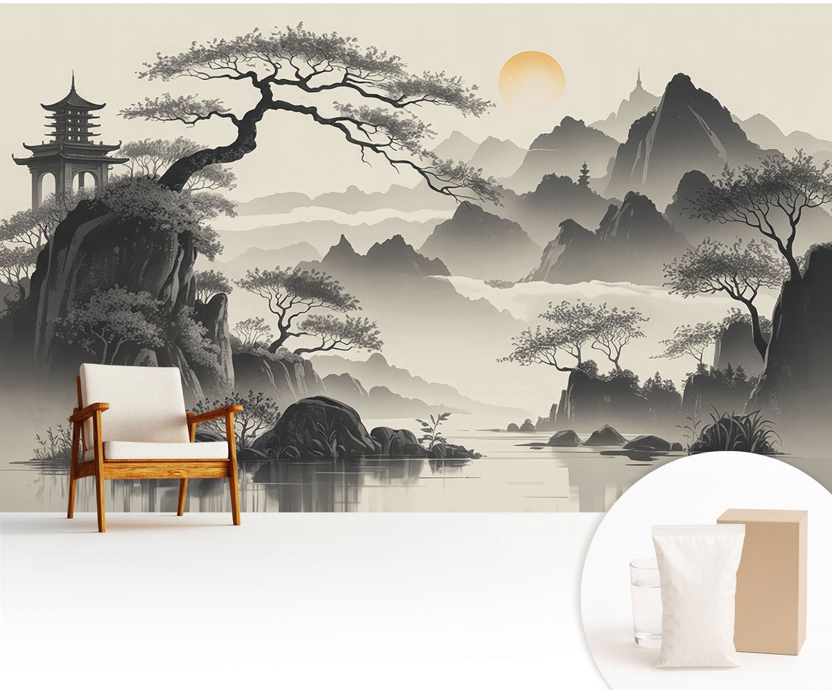 Wallfluent Fotobehang - Zwart-Wit Vliesbehang - 416x254 cm - Oostelijk Landschap Muurschildering - Slaapkamer behang Landschappen - Fotobehang Vlies - Gang behang