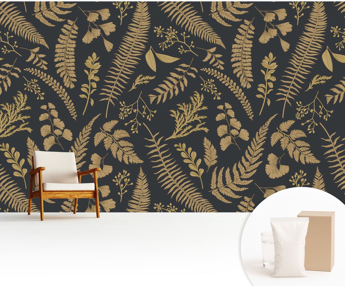 Wallfluent Fotobehang - Zwart Vliesbehang - 416x254 cm - Botanische Bladeren Fotobehang Vlies - Hal behang Bloemen En Planten - Muurschildering - Woonkamer behang