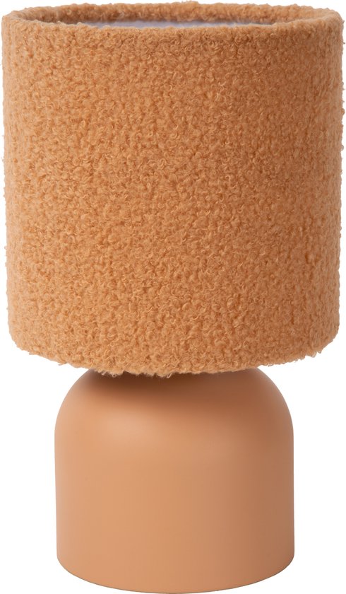 Lampe de table en tissu peluche marron avec une base orange.