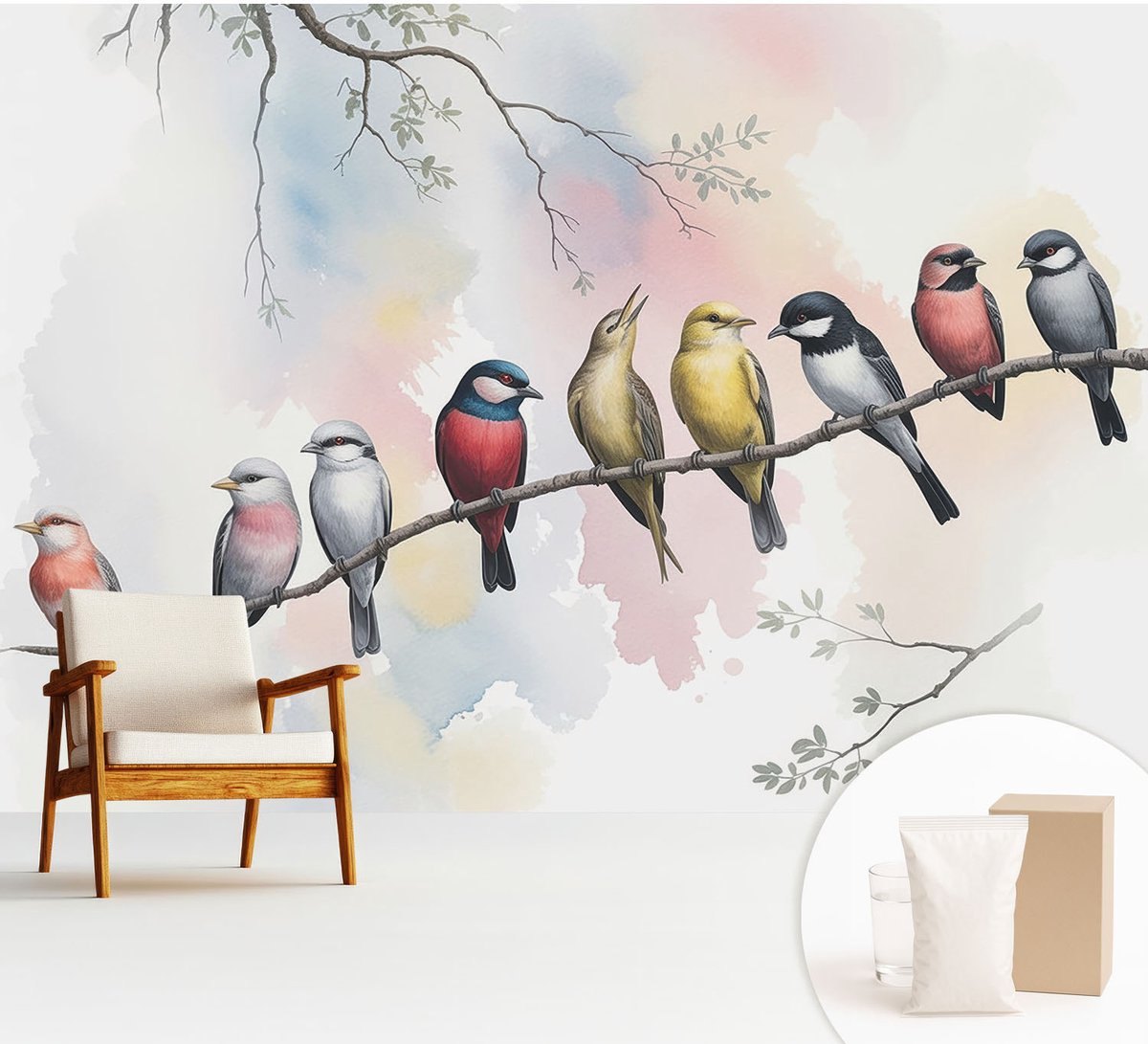 Wallfluent Fotobehang - Wit Vliesbehang - 312x219 cm - Vogels Op Een Tak Fotobehang Vlies - Hal behang Bloemen En Planten - Muurschildering - Hal behang
