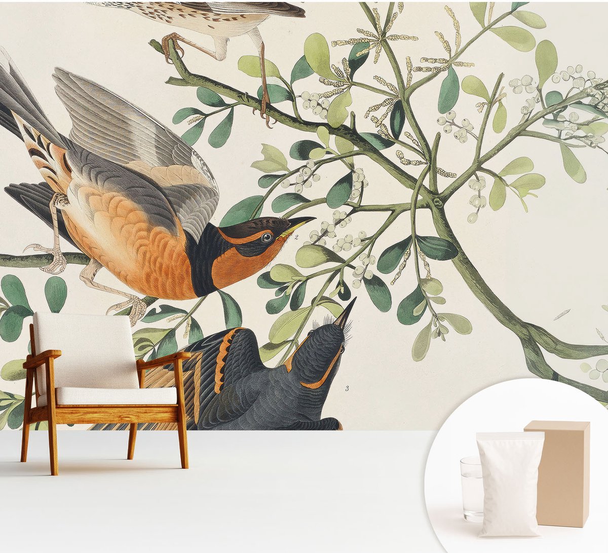 Wallfluent Fotobehang - Wit Vliesbehang - 312x219 cm - Kleurrijke Vogels Muurschildering - Slaapkamer behang Dieren - Fotobehang Vlies - Slaapkamer behang