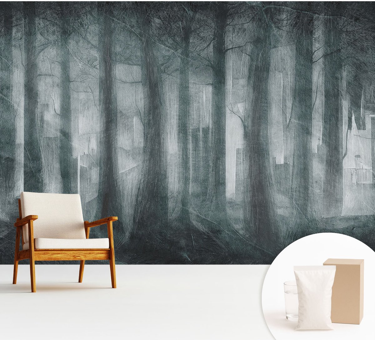 Wallfluent Fotobehang - Grijs Vliesbehang - 312x219 cm - Mysterieus Bos Fotobehang Vlies - Woonkamer behang Landschappen - Muurschildering - Woonkamer behang