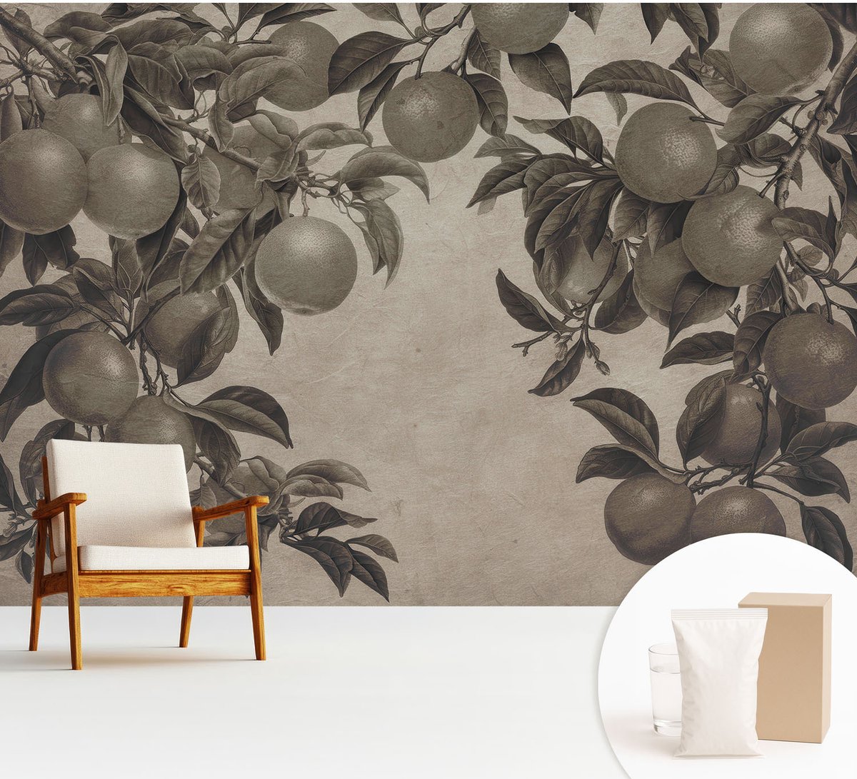 Wallfluent Fotobehang - Grijs Vliesbehang - 312x219 cm - Vruchtpatroon Muurschildering - Slaapkamer behang Bloemen En Planten - Fotobehang Vlies - Gang behang