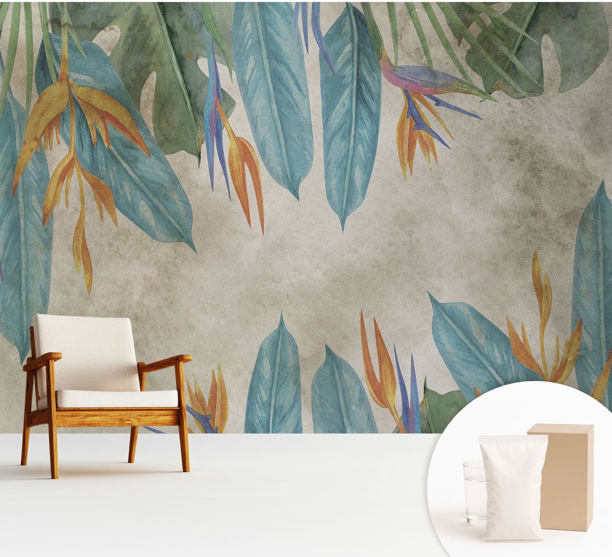Wallfluent Fotobehang - Blauw Vliesbehang - 312x219 cm - Tropische Bloemen Fotobehang Vlies - Woonkamer behang Bloemen En Planten - Muurschildering - Woonkamer behang