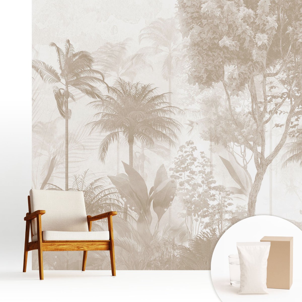 Wallfluent Fotobehang - Beige Vliesbehang - 250x250 cm - Tropisch Landschap Fotobehang Vlies - Woonkamer behang Bloemen En Planten - Muurschildering - Woonkamer behang