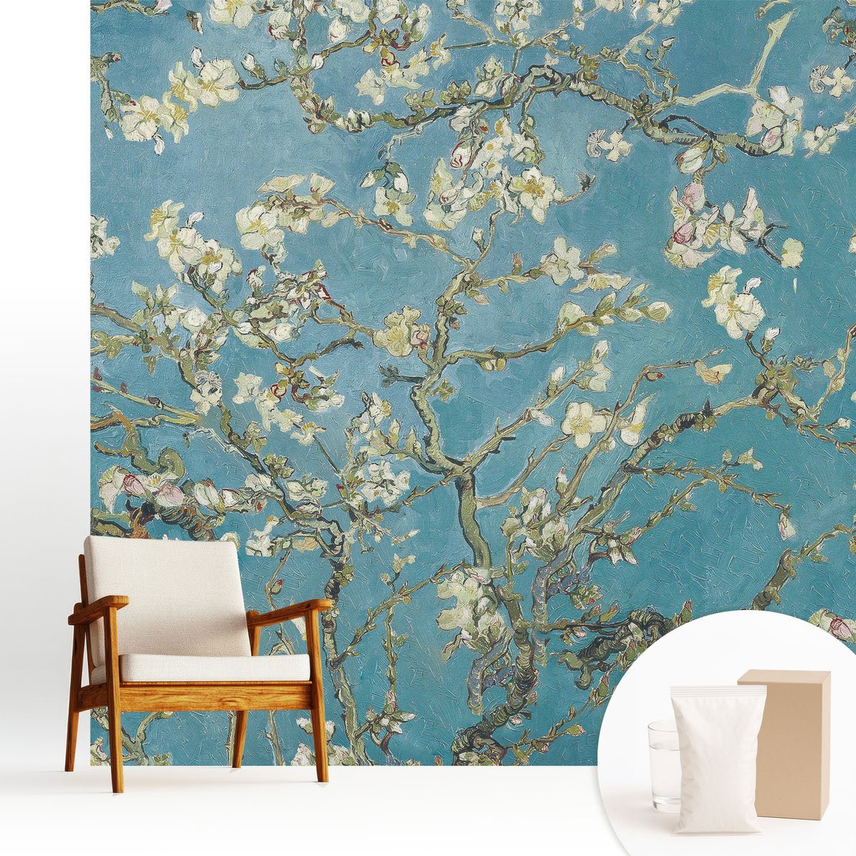 Wallfluent Fotobehang - Blauw Vliesbehang - 250x250 cm - Bloeiende Takken Fotobehang Vlies - Hal behang Bloemen En Planten - Muurschildering - Woonkamer behang