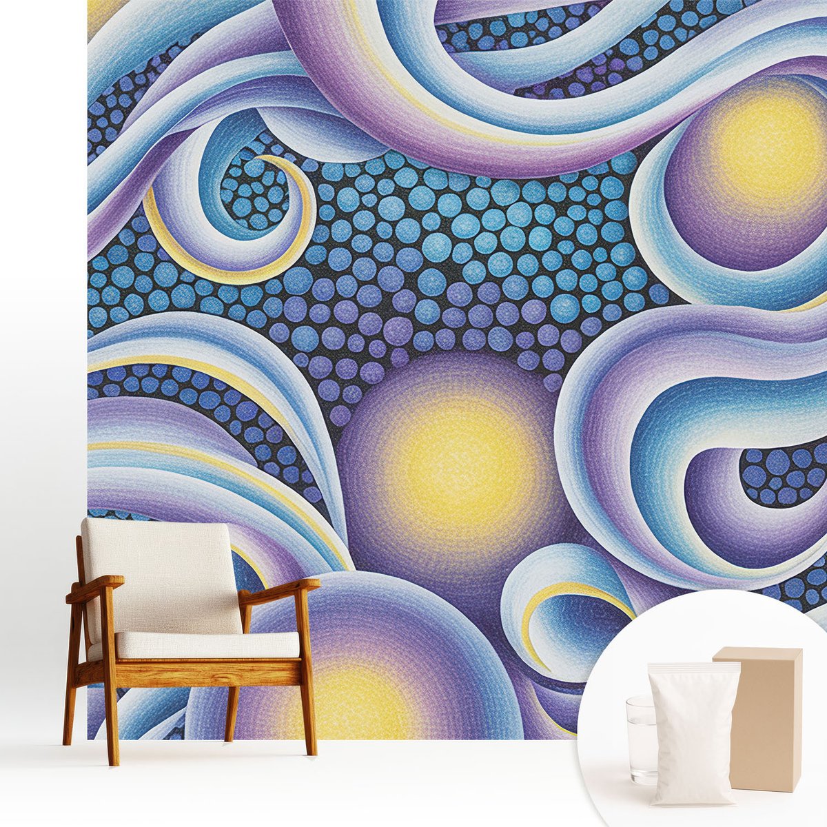 Wallfluent Fotobehang - Blauw Vliesbehang - 250x250 cm - Kleurrijke Wervelingen Muurschildering - Slaapkamer behang Abstractie - Fotobehang Vlies - Slaapkamer behang