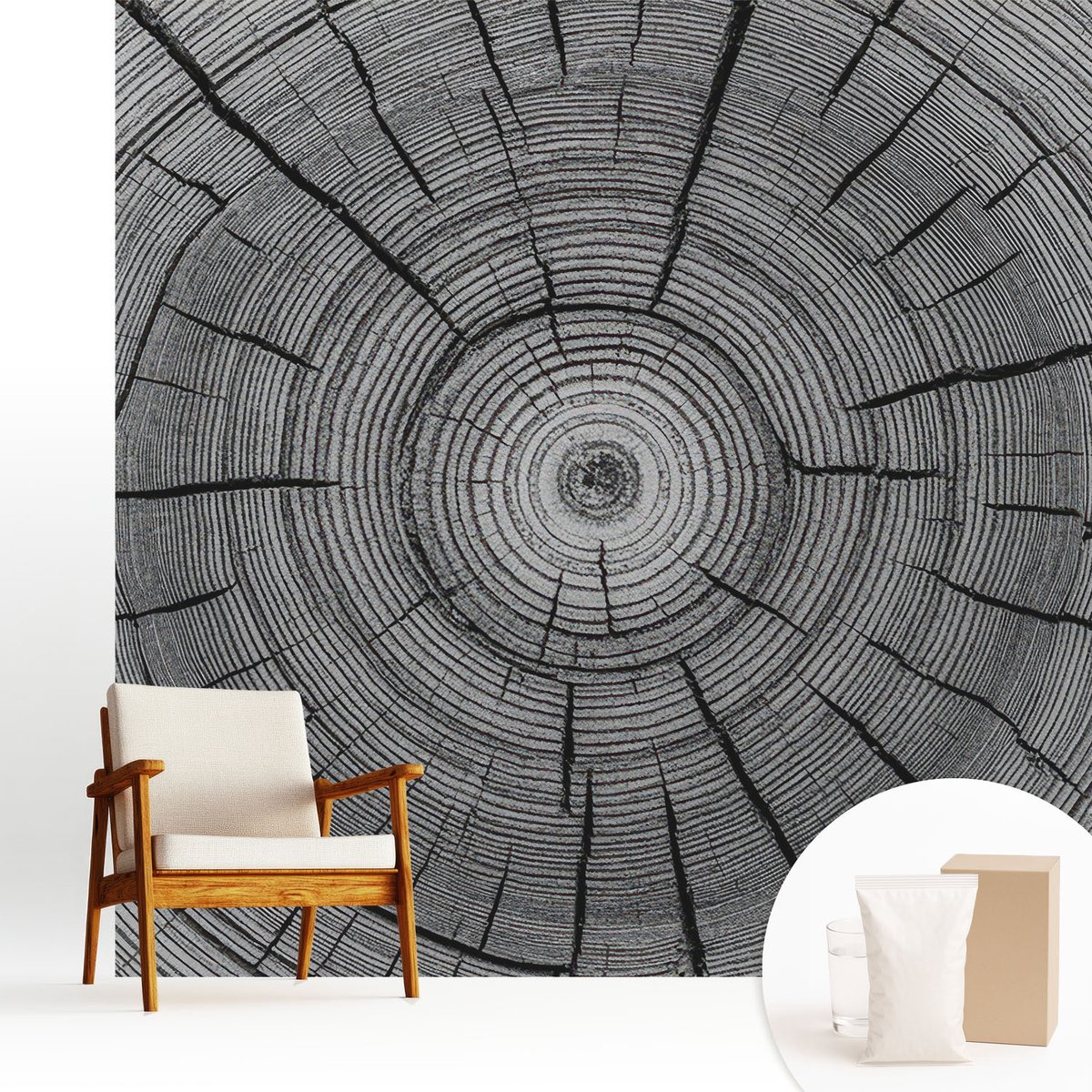 Wallfluent Fotobehang - Zwart-Wit Vliesbehang - 250x250 cm - Bosharmonie Fotobehang Vlies - Hal behang Texturen - Muurschildering - Woonkamer behang
