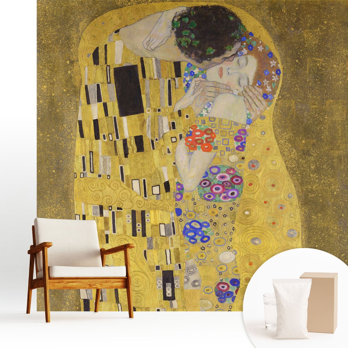 Wallfluent Fotobehang - Geel Vliesbehang - 250x250 cm - Art Nouveau-Paar Fotobehang Vlies - Woonkamer behang Deel - Muurschildering - Woonkamer behang