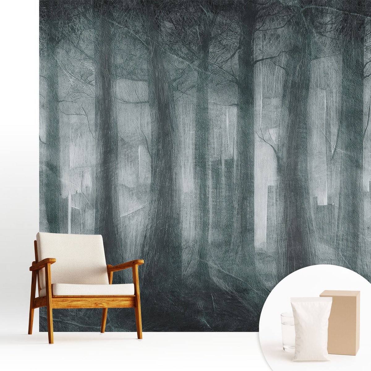 Wallfluent Fotobehang - Grijs Vliesbehang - 250x250 cm - Mysterieus Bos Fotobehang Vlies - Hal behang Landschappen - Muurschildering - Woonkamer behang