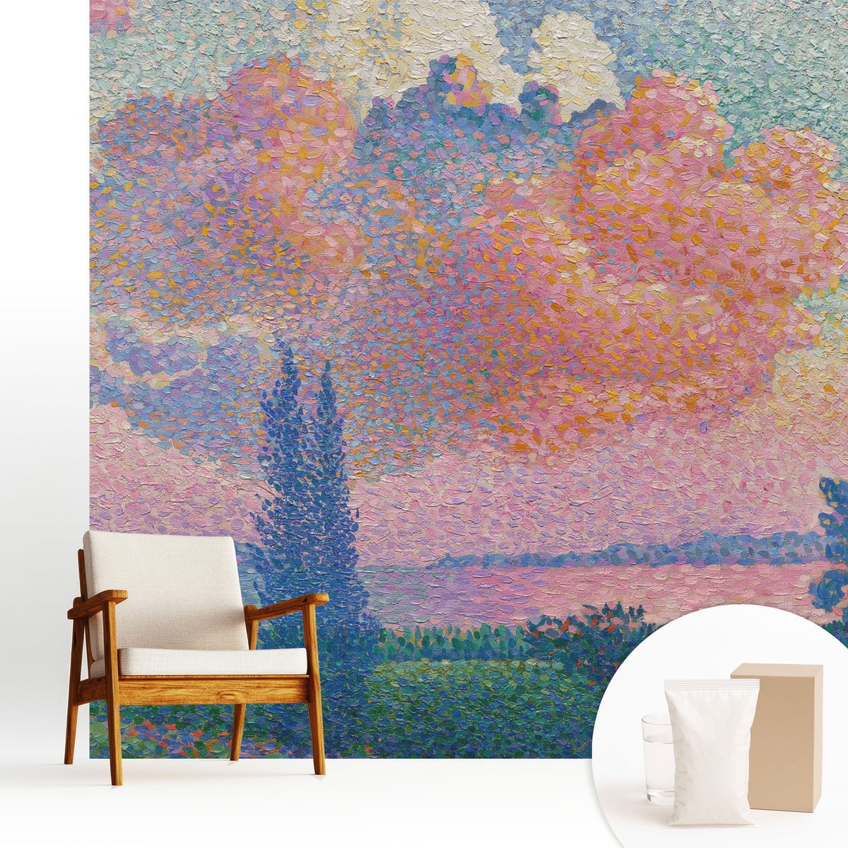 Wallfluent Fotobehang - Roze Vliesbehang - 250x250 cm - Kleurrijk Landschap Fotobehang Vlies - Hal behang Deel - Muurschildering - Hal behang
