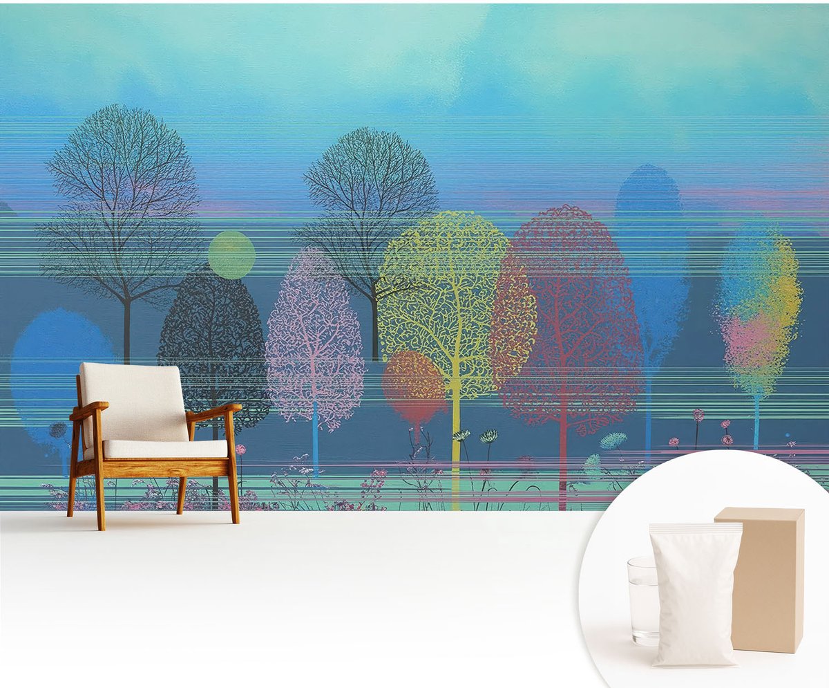 Wallfluent Fotobehang - Blauw Vliesbehang - 416x254 cm - Kleurrijke Harmonie Fotobehang Vlies - Woonkamer behang Bloemen En Planten - Muurschildering - Woonkamer behang