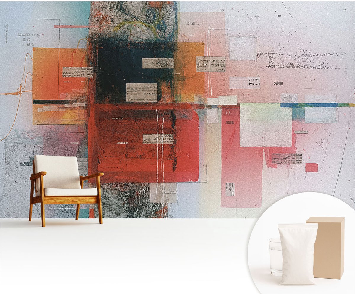 Wallfluent Fotobehang - Rood Vliesbehang - 416x254 cm - Abstracte Compositie Fotobehang Vlies - Woonkamer behang Abstractie - Muurschildering - Woonkamer behang