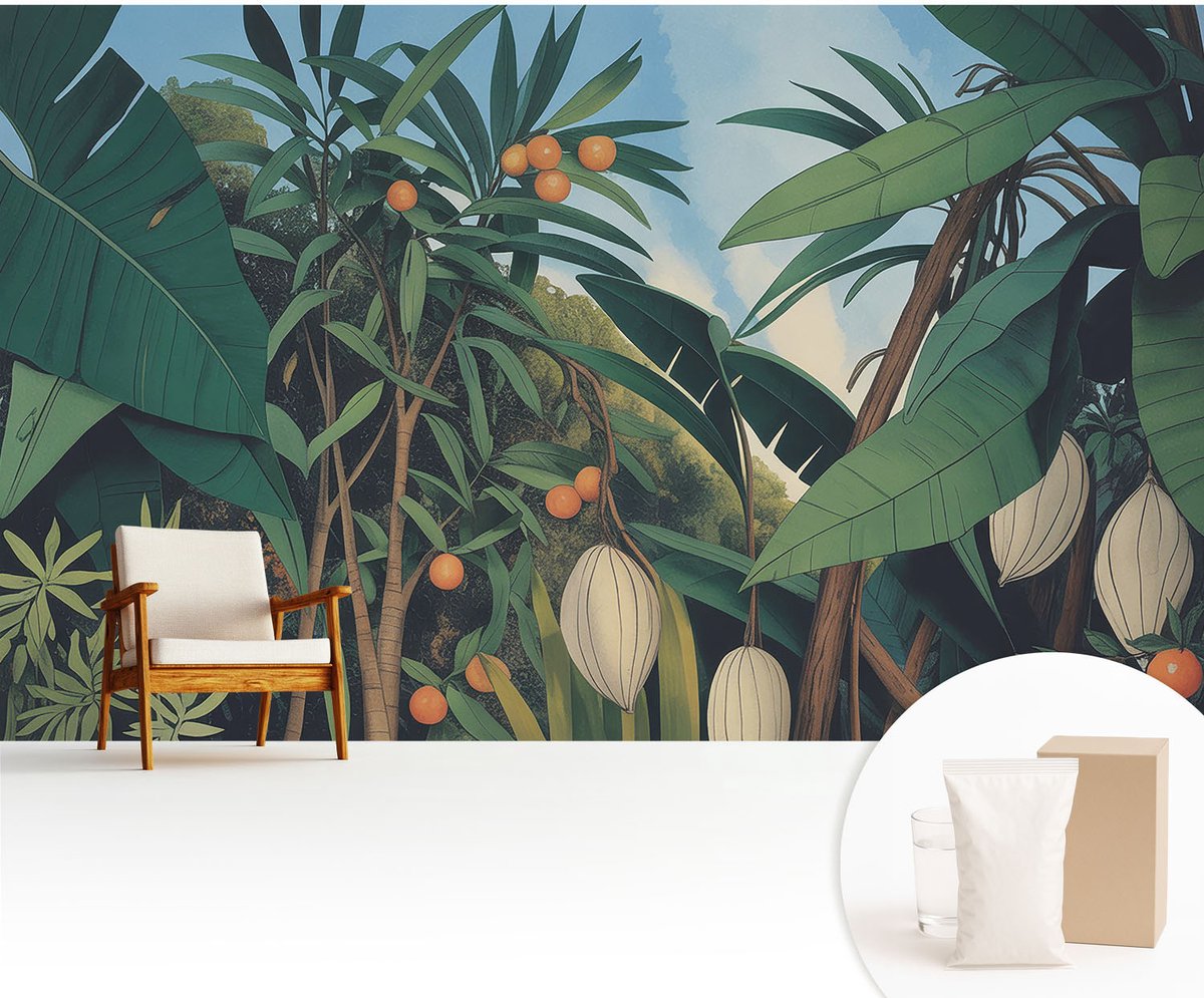 Wallfluent Fotobehang - Groente Vliesbehang - 416x254 cm - Tropische Jungle Muurschildering - Slaapkamer behang Bloemen En Planten - Fotobehang Vlies - Slaapkamer behang