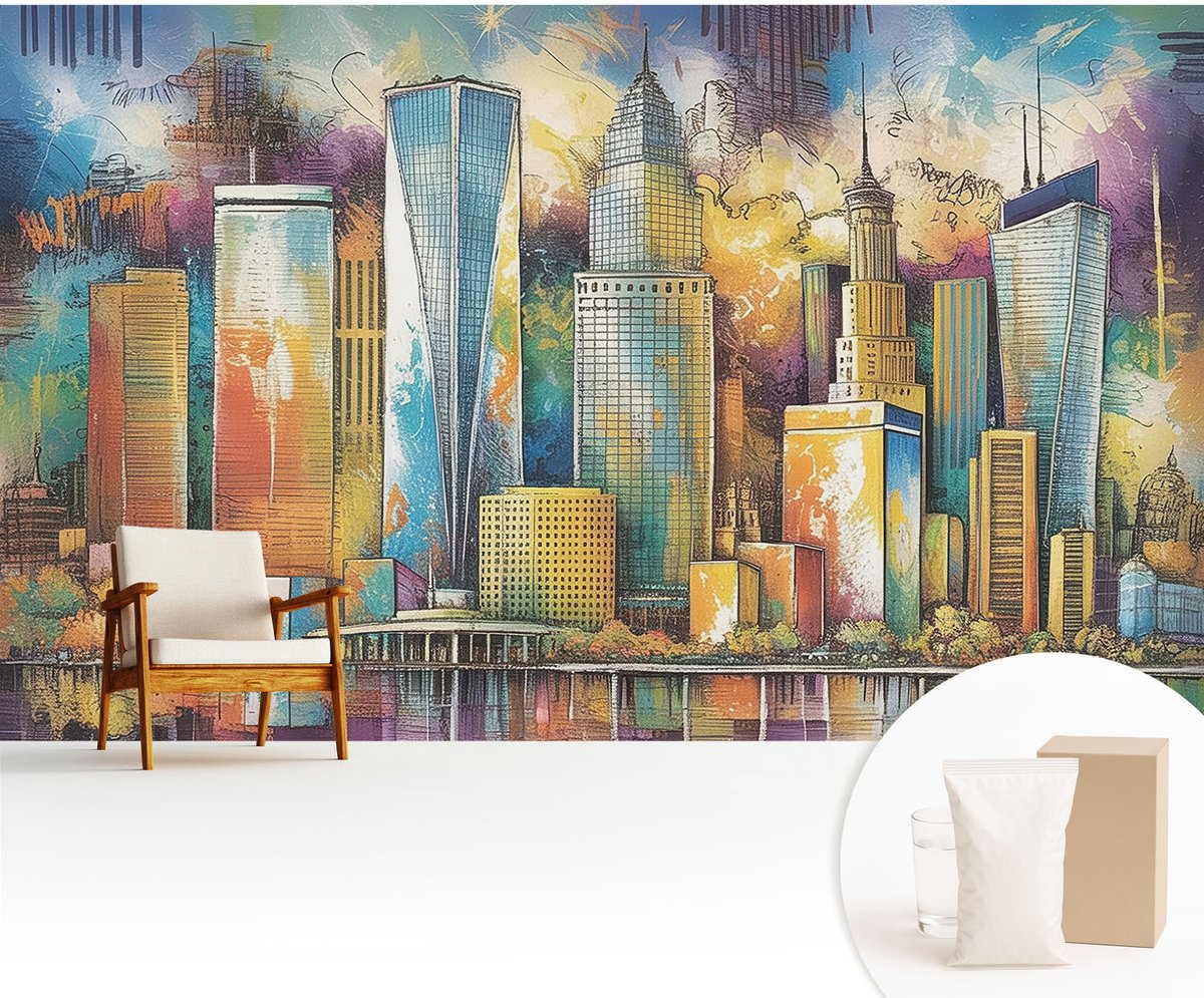 Wallfluent Fotobehang - Blauw Vliesbehang - 416x254 cm - Stadspanorama Muurschildering - Slaapkamer behang Architectuur - Fotobehang Vlies - Slaapkamer behang