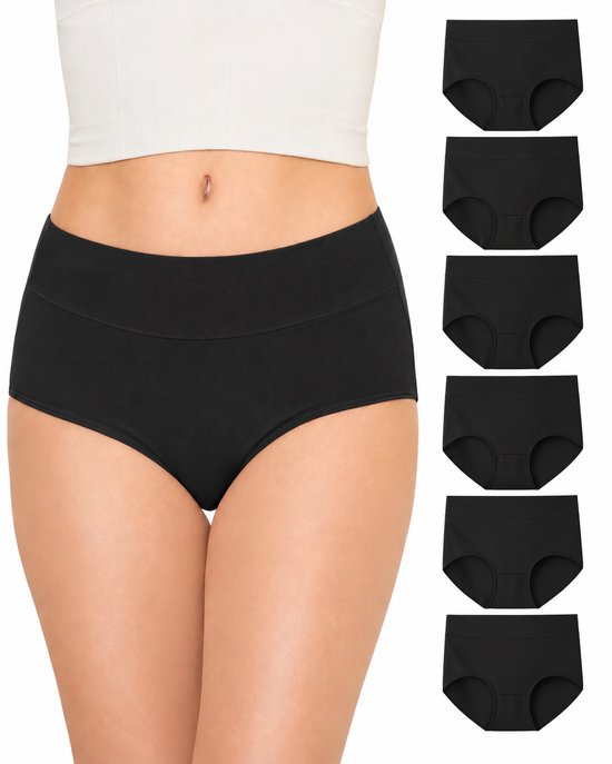 Zes zwarte damesonderbroeken, getoond op een model met hoge taille.