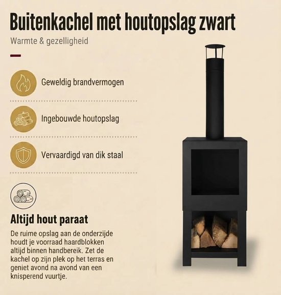 Zwarte buitenkachel met ingebouwde houtopslag onderin. Gemaakt van dik staal.