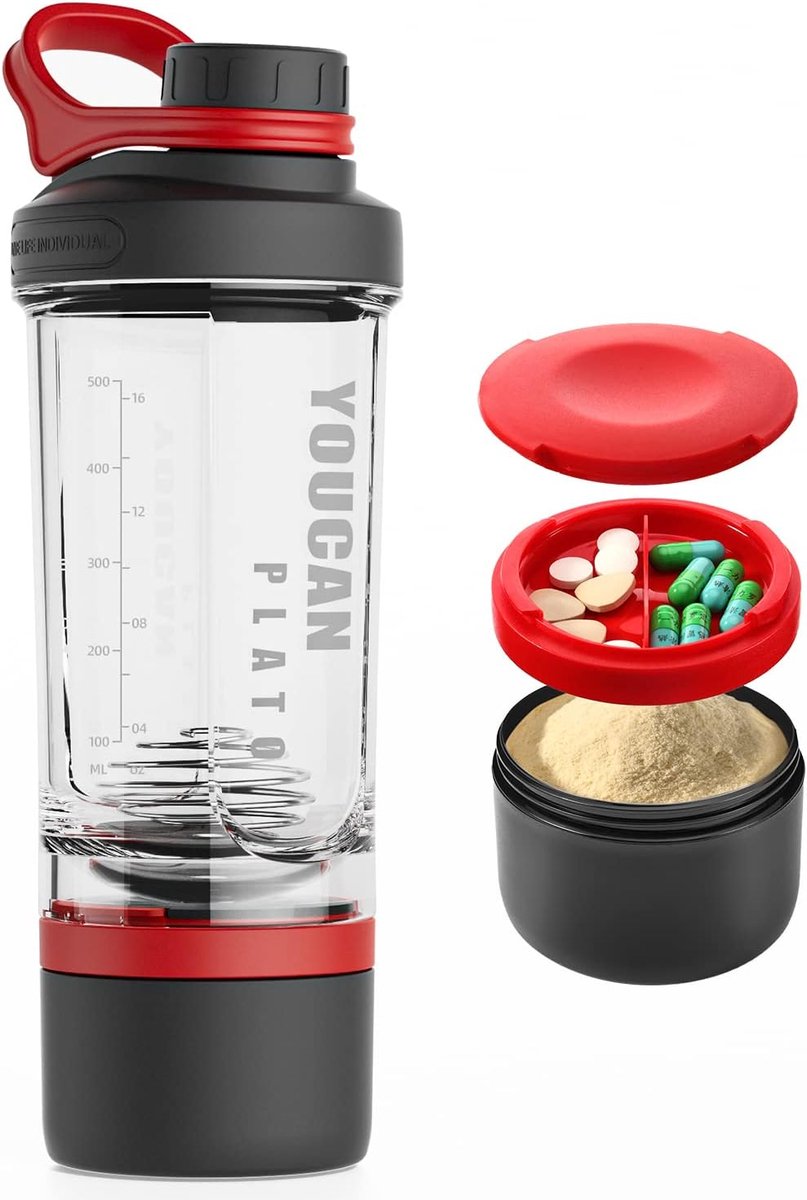 SnelShoppen - Shaker voor Protein Shake, Fitness Shaker met Poederbox en Bal, 620ML, BPA-vrij, Tritan, Vaatwasmachinebestendig, Sport, Gym, Camping