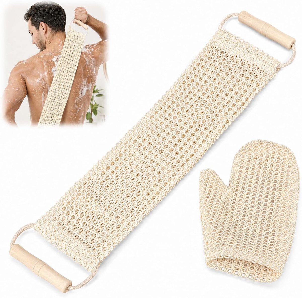 Rugschrobber & peelinghandschoen set - sisal - effectief tegen dode huidcellen - voor een zachte huid - ShopVlot