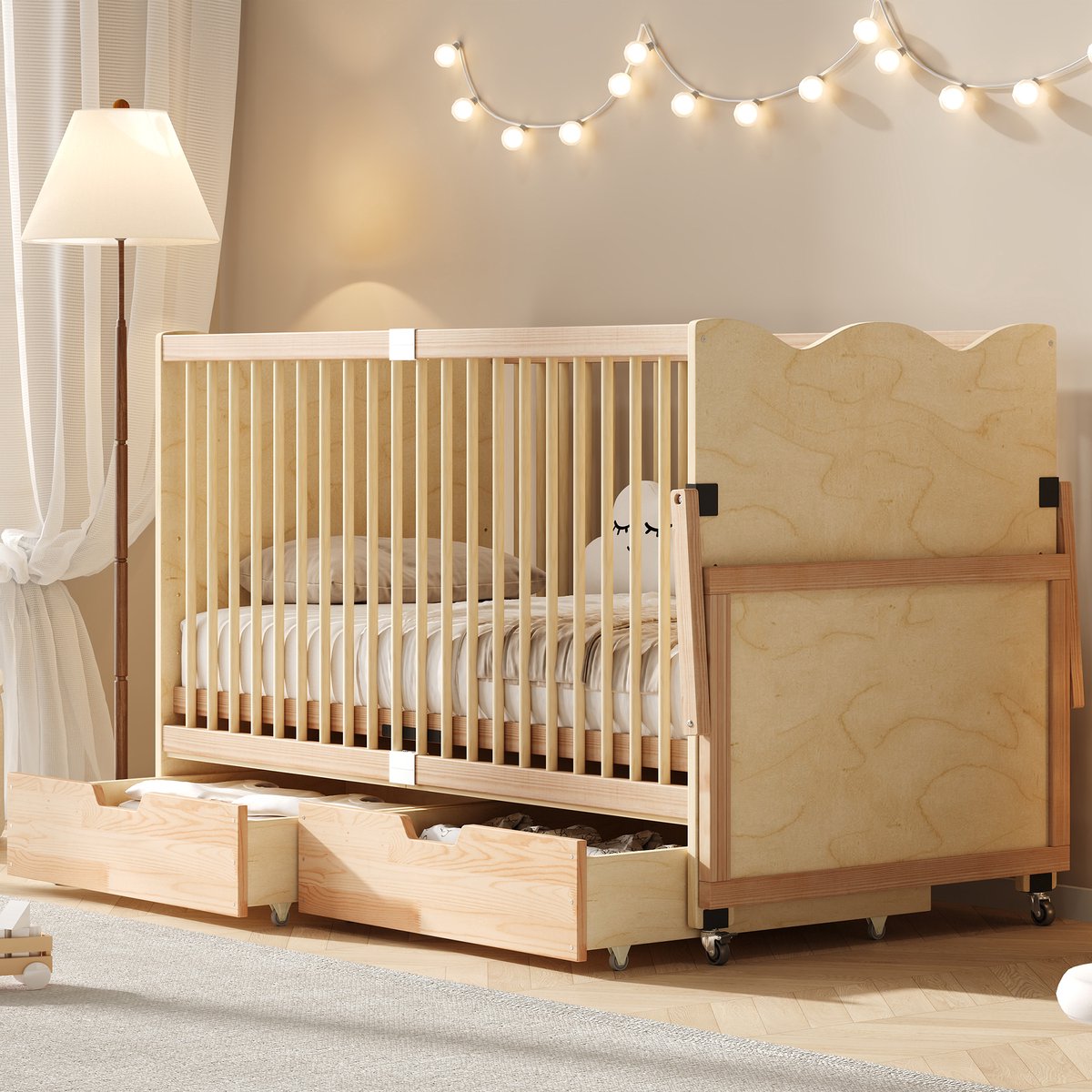 MODENUIT Babybed – Verstelbare Bodem met 4 Standen – 140 x 70 x 94,5 cm – Hout – Naturel – Met Lades en Wielen