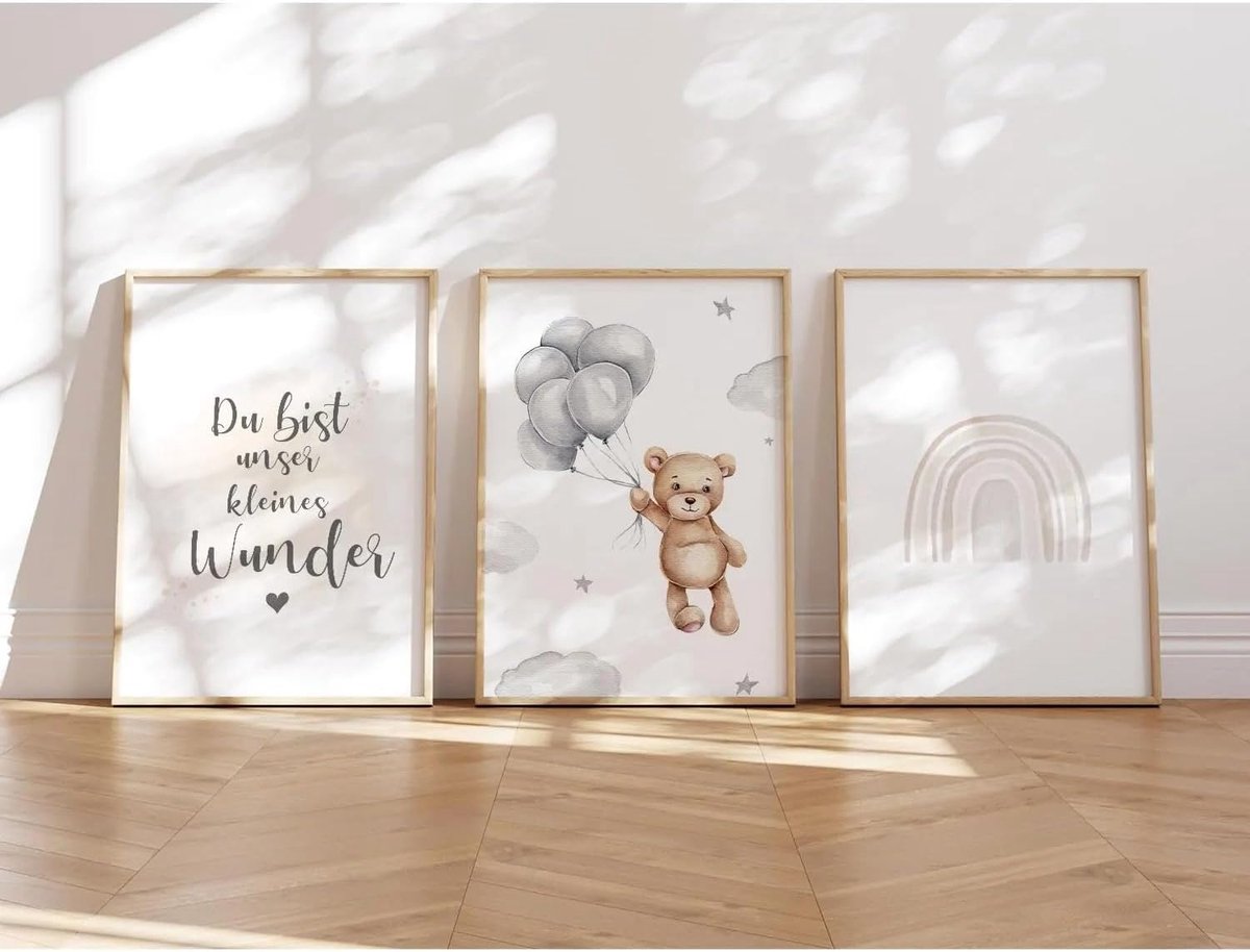 SnelShoppen - Set van 3 Kinderkamer Posters DIN A4 - Muurdecoratie met Schattige Dieren en Regenboog - Leuk voor Jongens en Meisjes - Perfect als Kraa