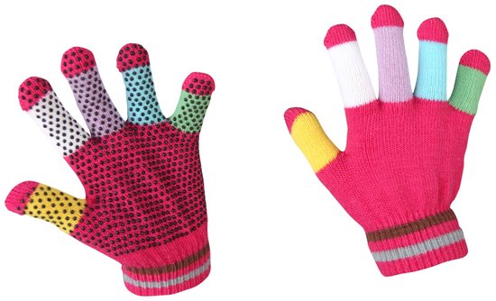 Roze gebreide handschoenen met gekleurde vingertoppen: wit, paars, lichtblauw, groen, geel en rood. Palm met zwarte stippen.