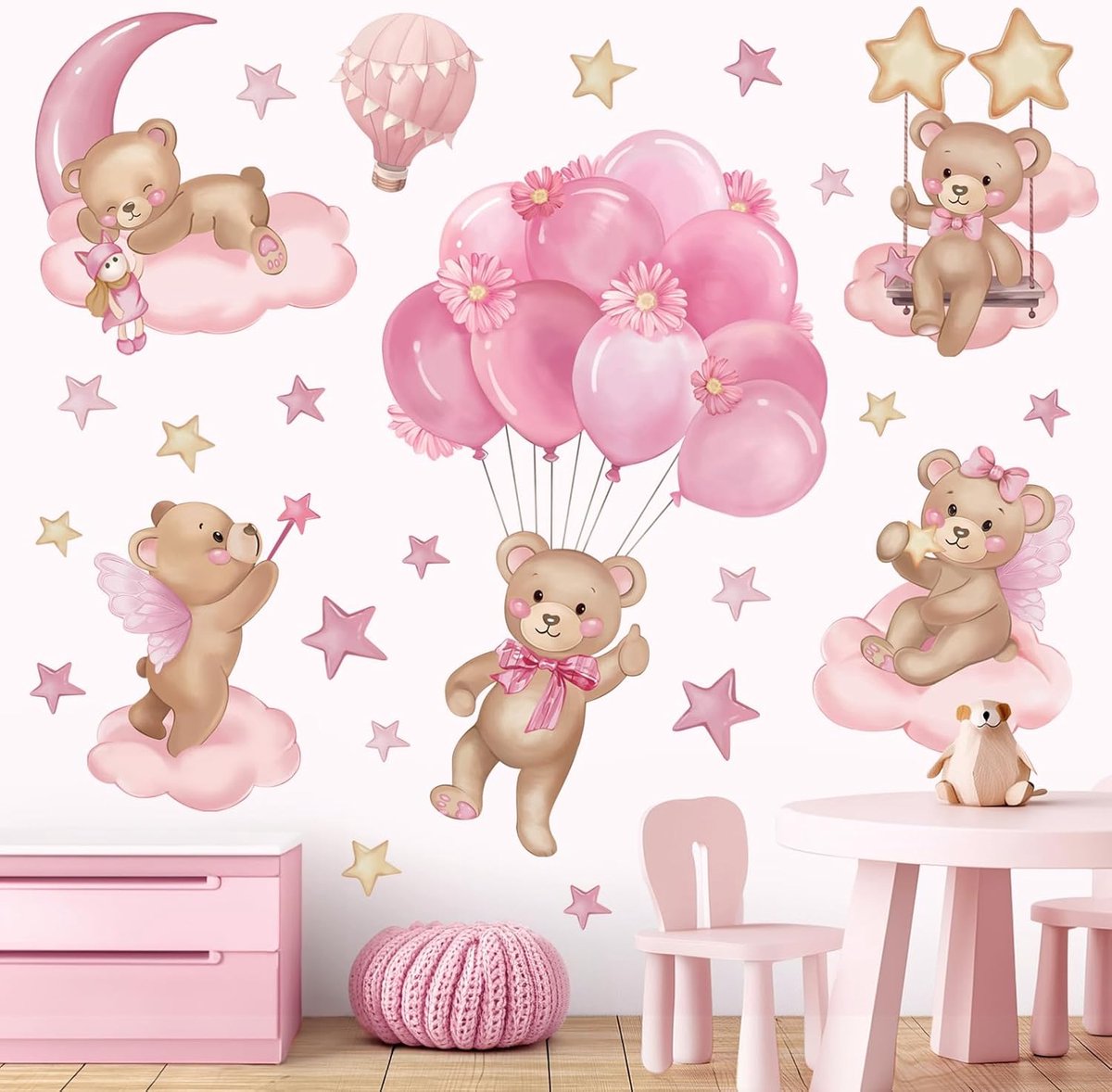 Wandsticker kinderen - Beer in luchtballon - Roze ballonnen en bloemen - Eenvoudig te gebruiken voor kinderkamer - ShopVlot