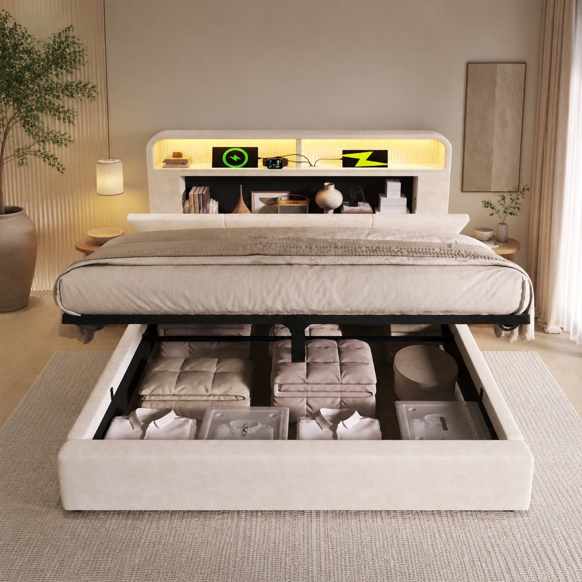 WUVRIE Tweepersoons bedframe 140x200 cm met hydraulische opbergruimte, LED en USB/Type-C, beige