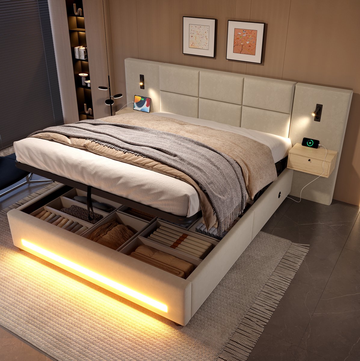 WUVRIE Gestoffeerd bed 180x200 cm met opbergruimte, LED, USB-C en fluwelen hoofdbord, beige