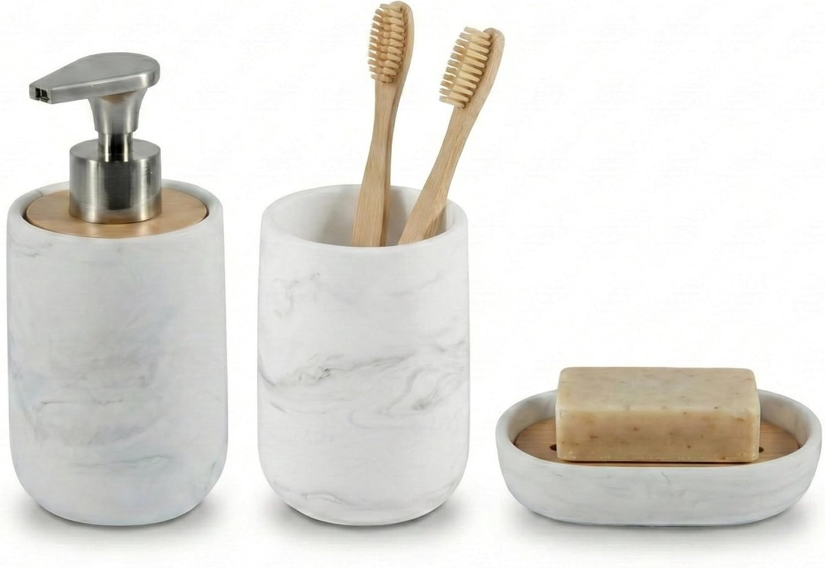 SnelShoppen - Badkameraccessoires Set 3-delig - Zeepdispenser met Pomp van Zinklegering, Tandenborstelhouder en Zeepschaaltje - Witte Polyresin Marmer