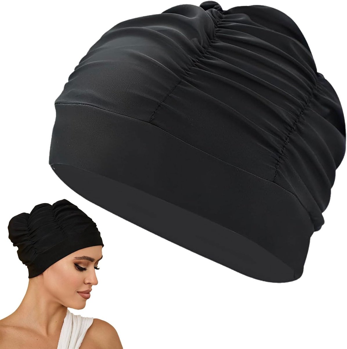SnelShoppen - Hoge kwaliteit zwemmuts voor vrouwen - zwart, 100% nylon, oversized, voor lang haar, perfect voor zwembad en dagelijks gebruik